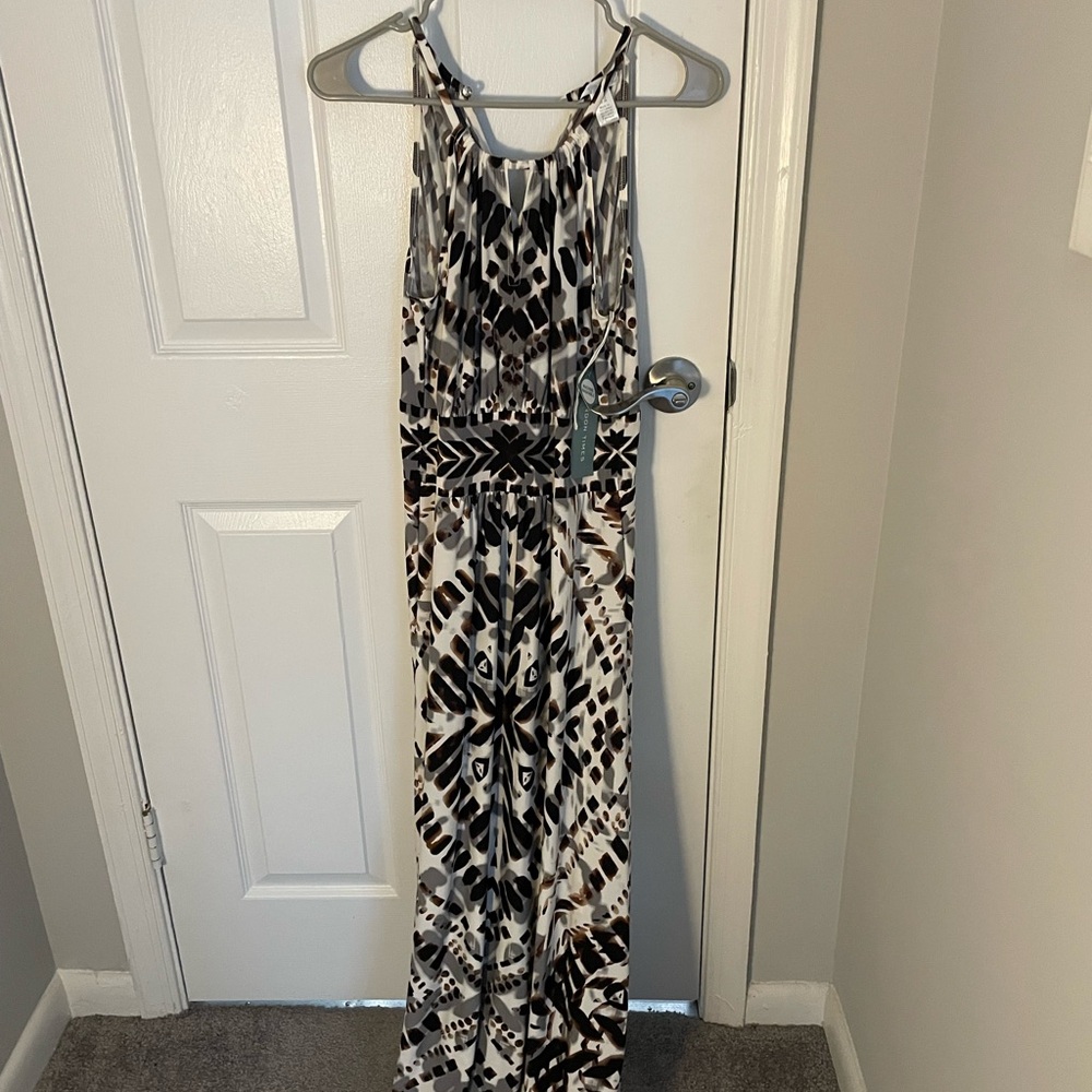 Black, white, and brown patterned maxi dress